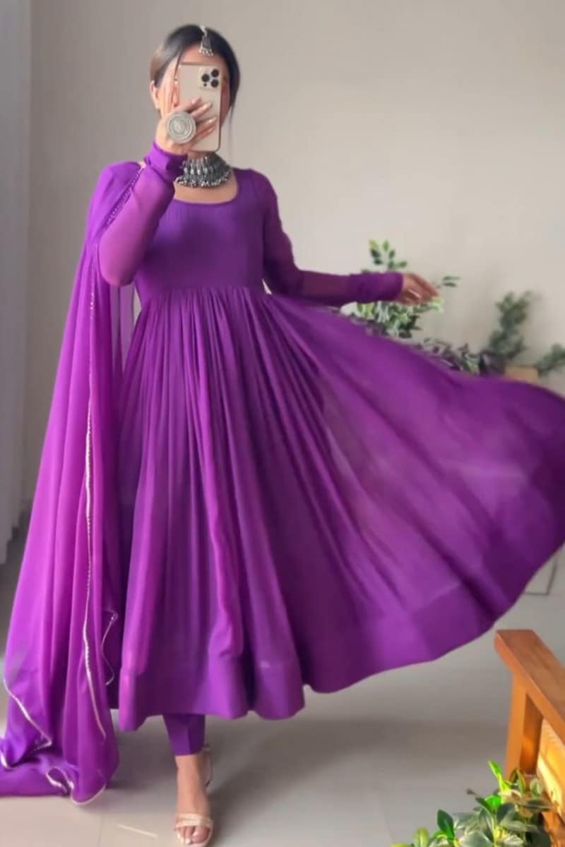 Purple Georgette Anarkali With Pant And Dupatta
