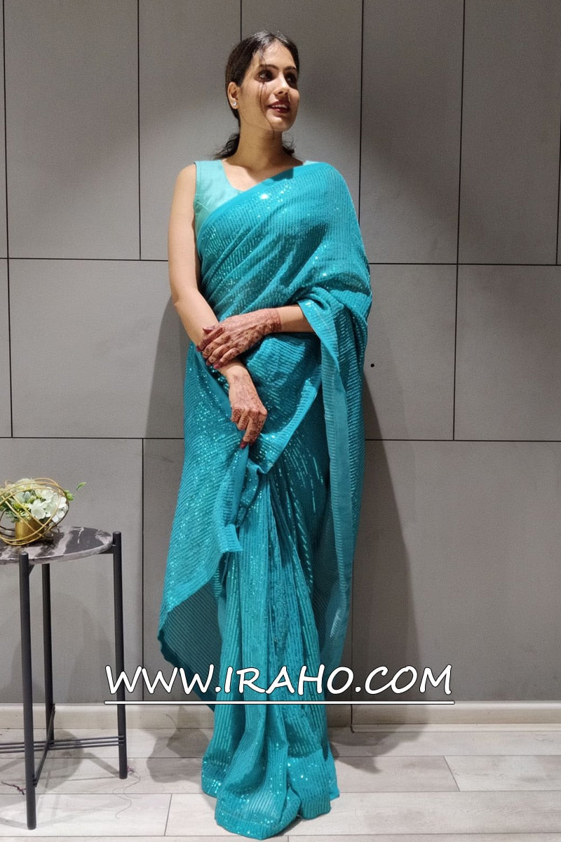 Rama Sky Blue Georgette Sequence Ready To Wear Saree