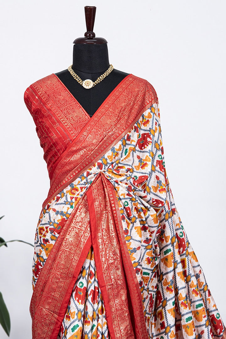 Red Color Patola Print With Foil Work Dola Silk Saree