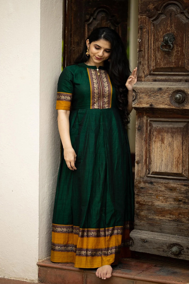 Green Color Weaving Zari  Work Gown