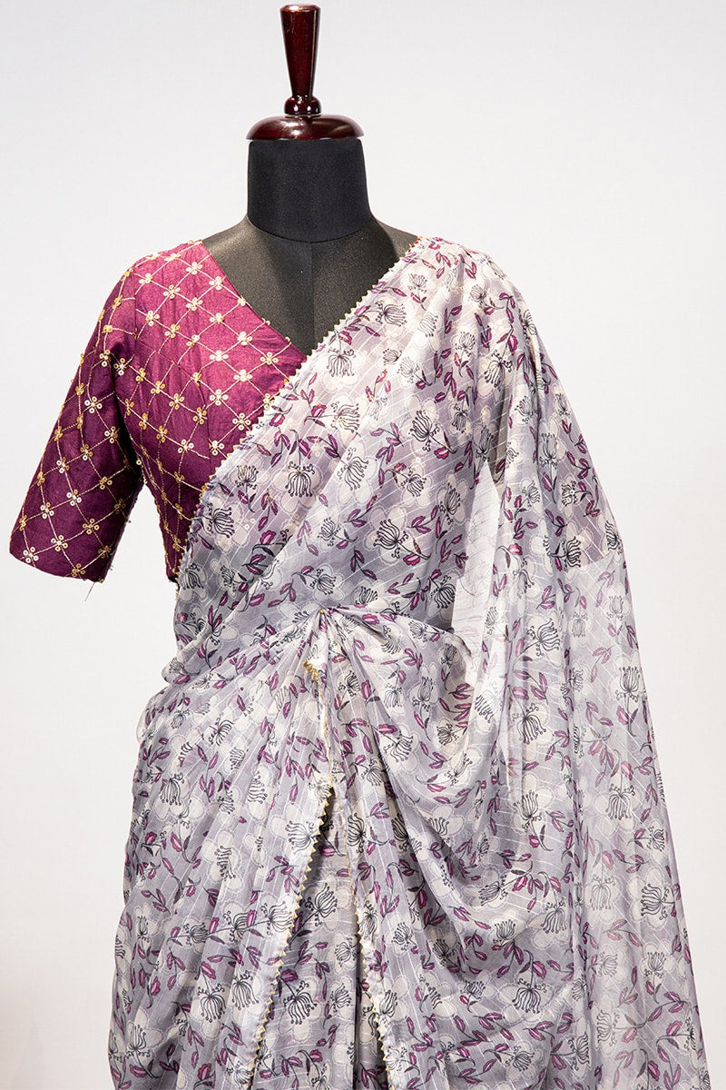 Grey Color Embroidery Work Zari Chiffon Printed Saree
