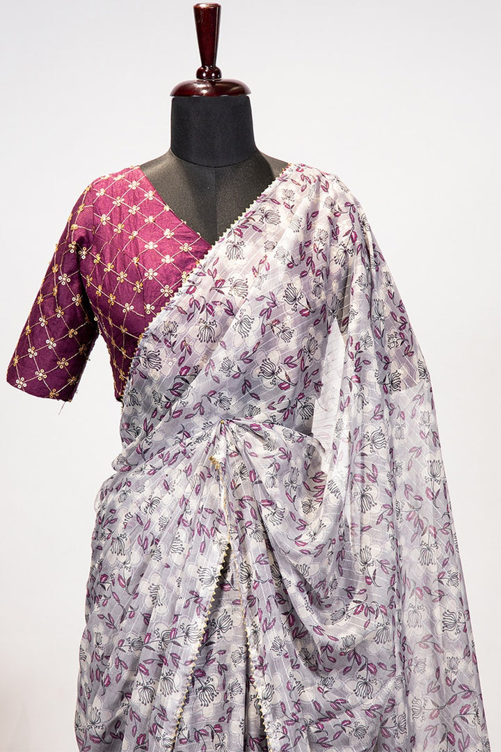 Grey Color Embroidery Work Zari Chiffon Printed Saree