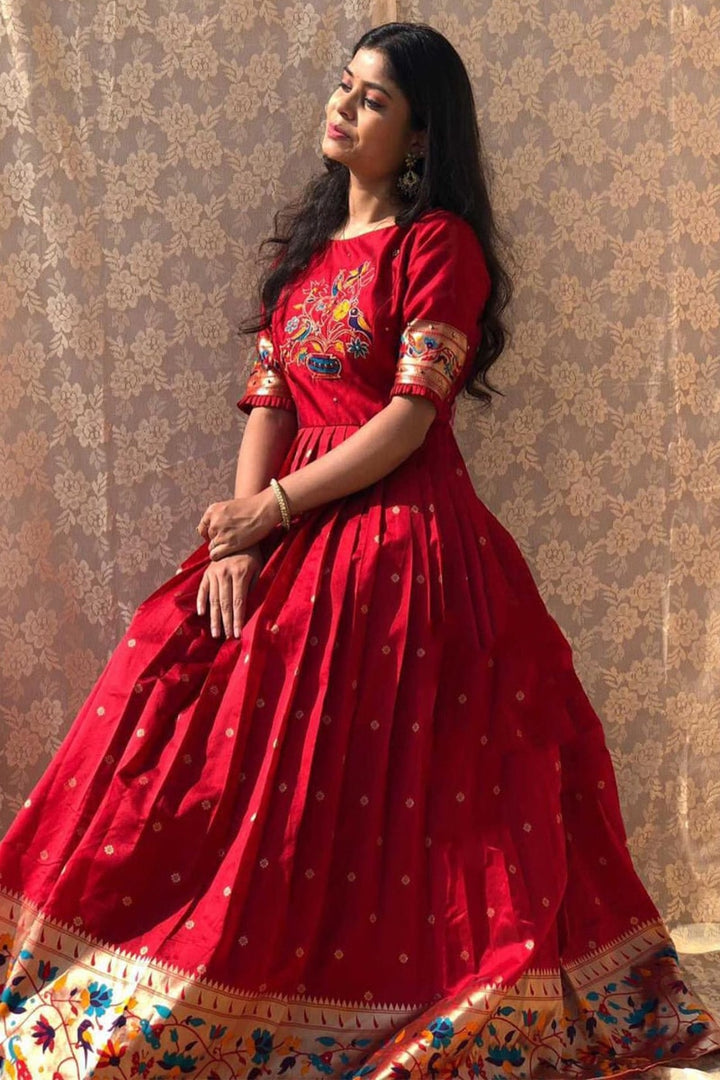 Red Banarasi Silk Gown With Jacquard Weaving Work