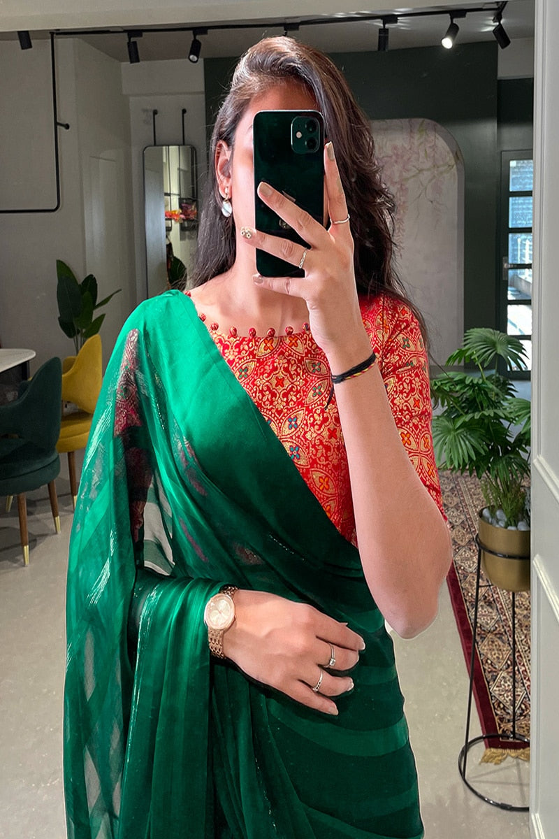 Green Color Satin Silk With Zari Patta Party Wear Saree