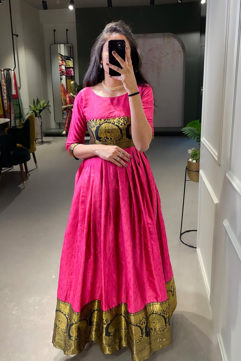 Pink Full Stitched Silk Weaving Work Gown