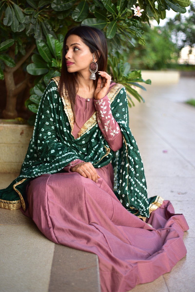 Dusty Pink Color Chinon Anarkali Gown With Bandhani Dupatta