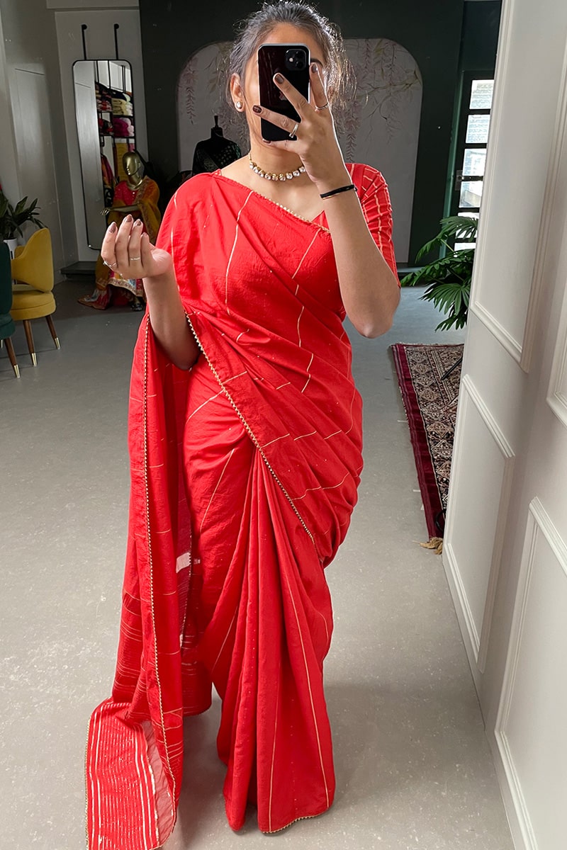 Red Sequins And Zari Work Viscose Chanderi Saree