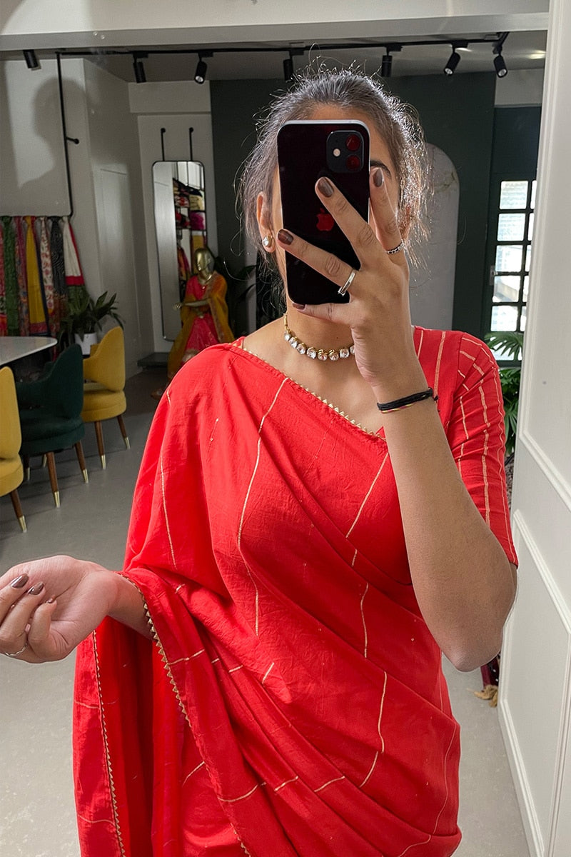 Red Sequins And Zari Work Viscose Chanderi Saree