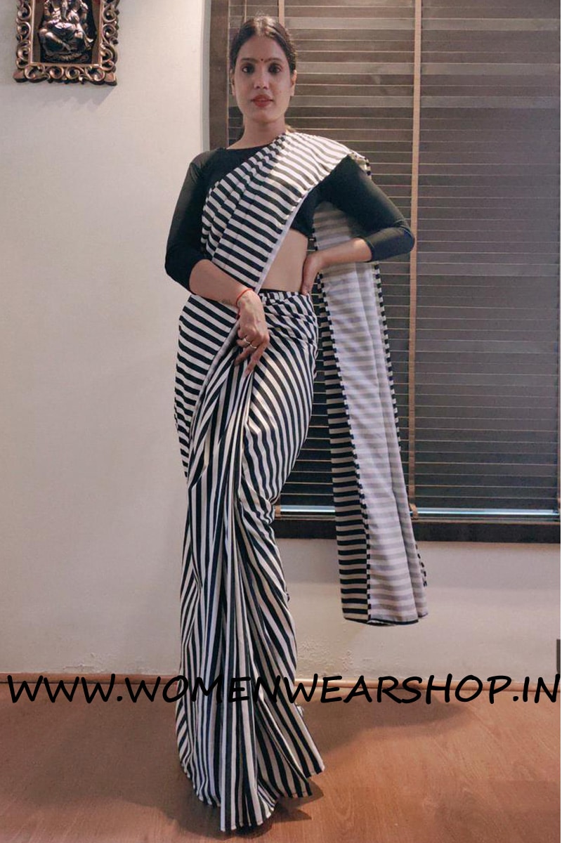 Stripe Black and White Satin Silk Ready To Wear Saree
