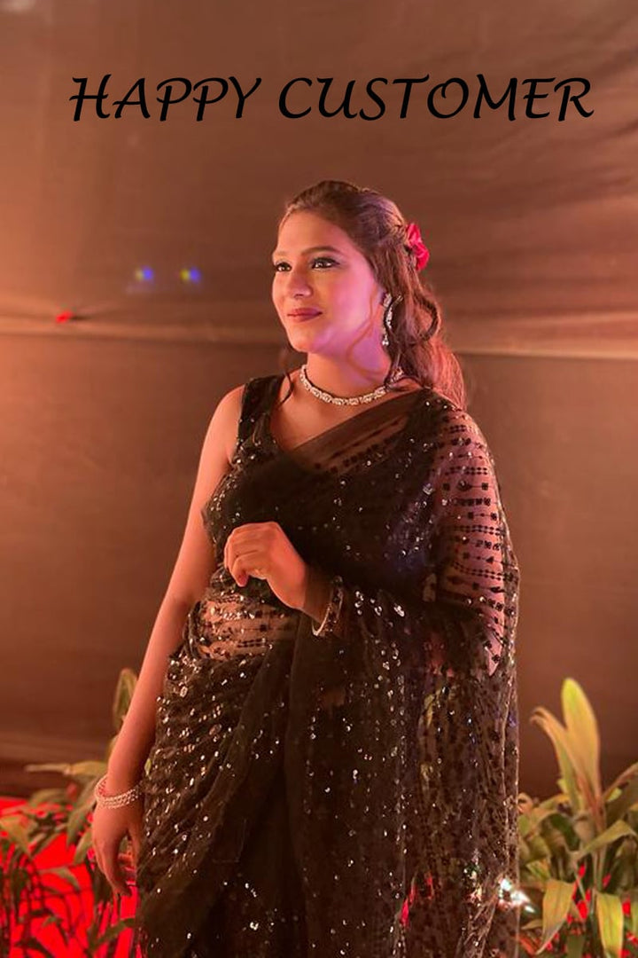 Black Soft Net With Heavy Sequence Saree With Tassels Border