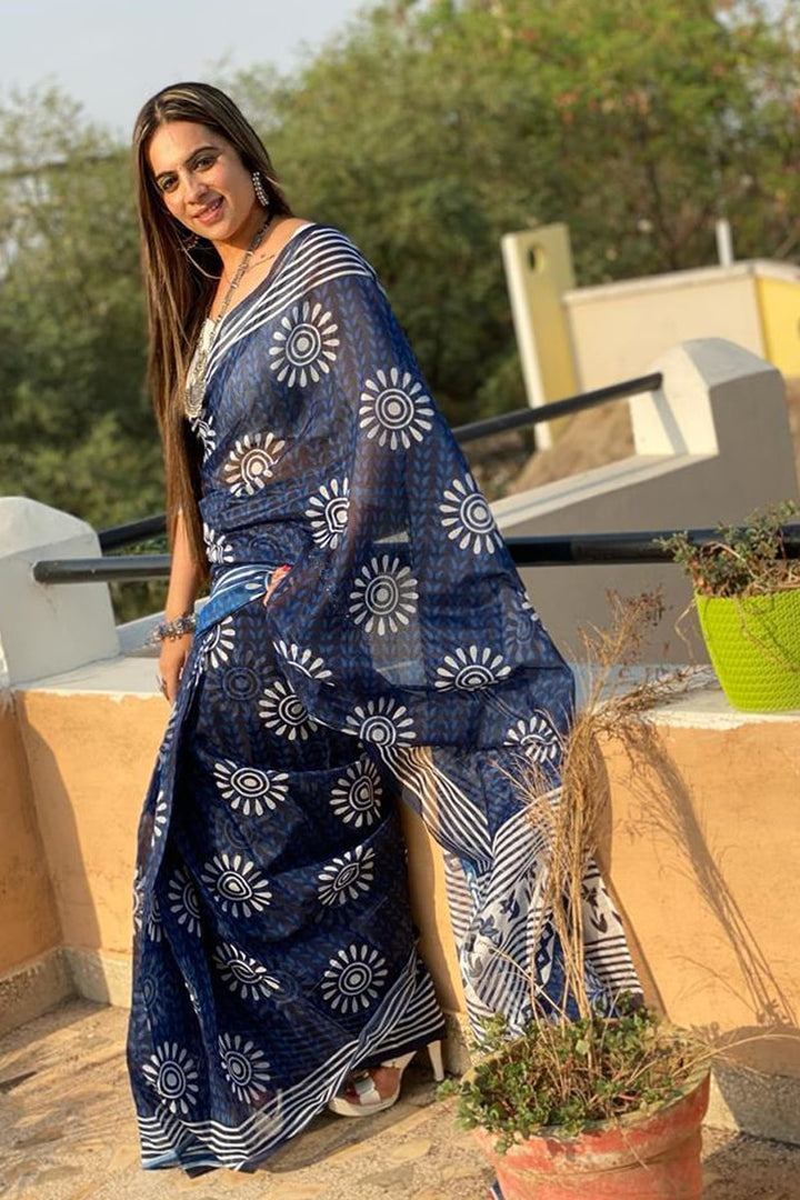 Navy Blue Cotton Ready To Wear Saree