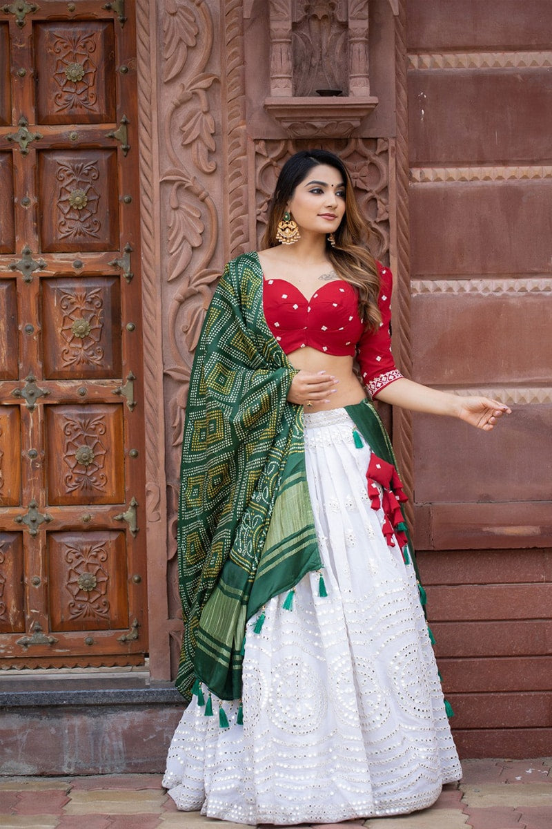 Prachi White Paper Mirror Embroidery Work Lehenga Choli