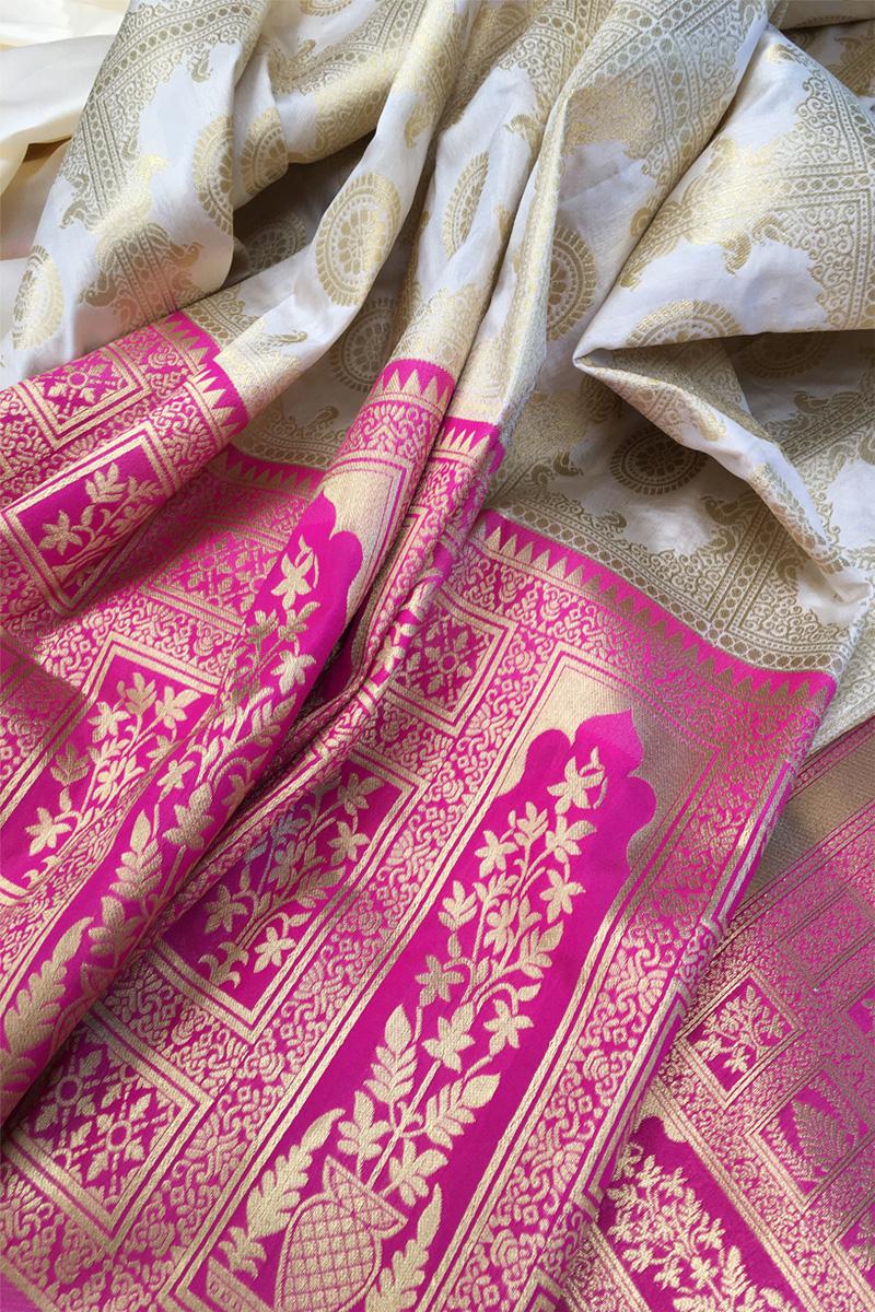 Beautiful Weaving Zari Work Golden Pink Banarasi Silk Saree