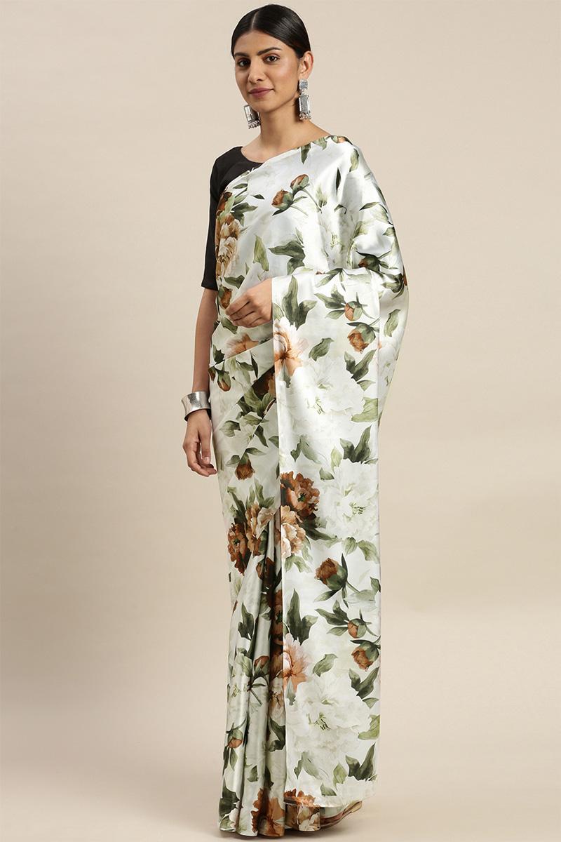 White Pista Floral Print Japan Satin Silk Saree