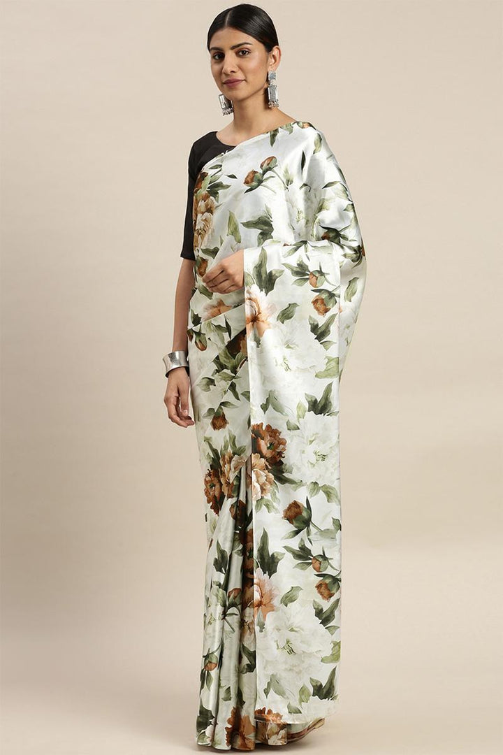 White Pista Floral Print Japan Satin Silk Saree