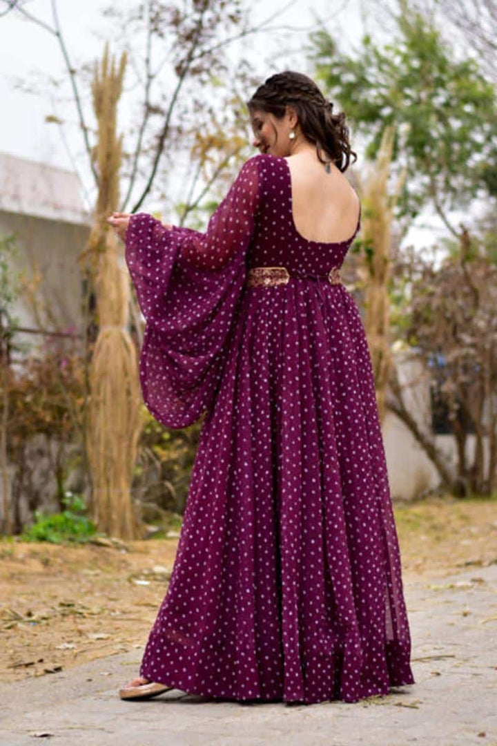 Purple Printed Balloon Sleeve Gown with Belt