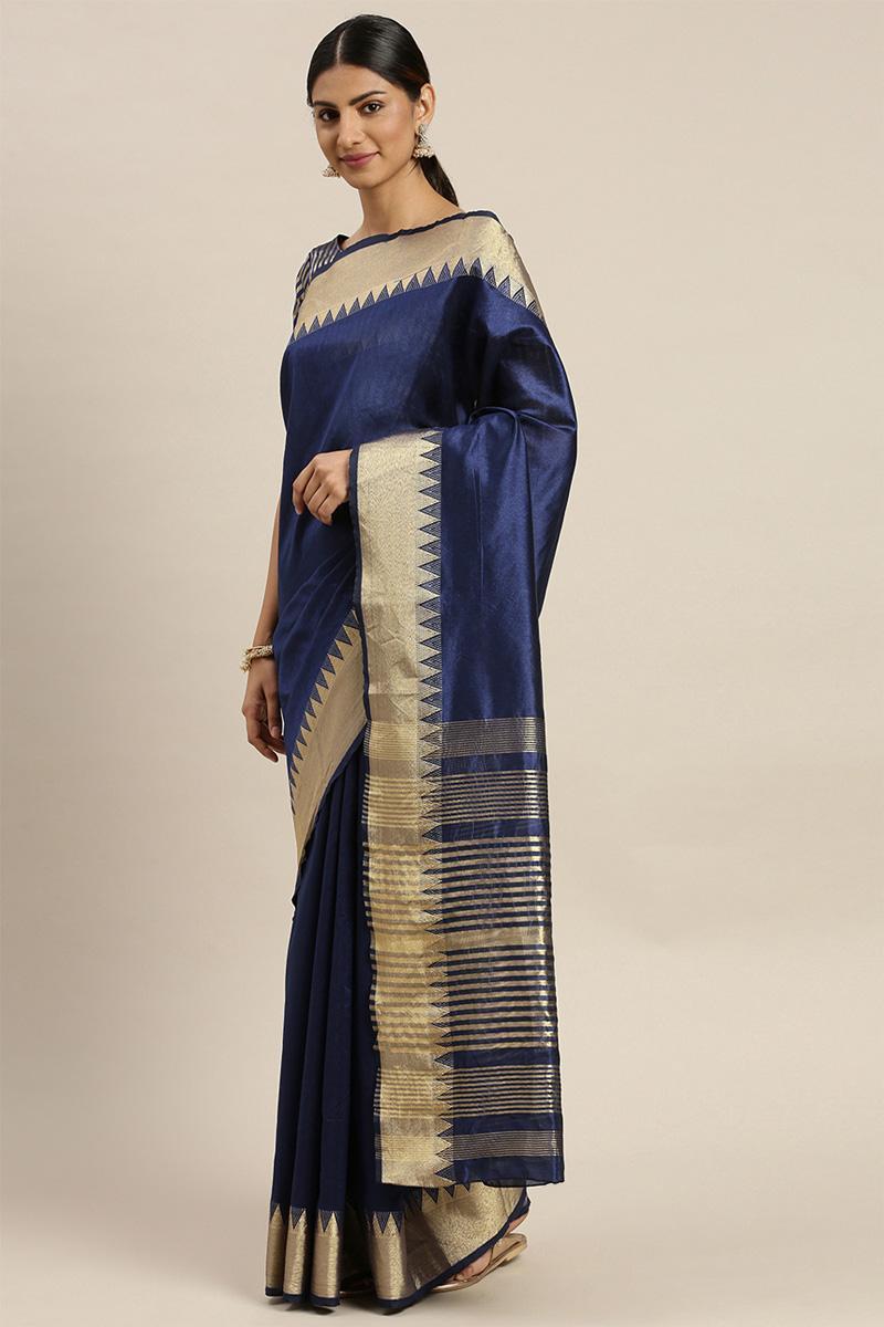 Navy Blue Assam Silk Partywear Saree