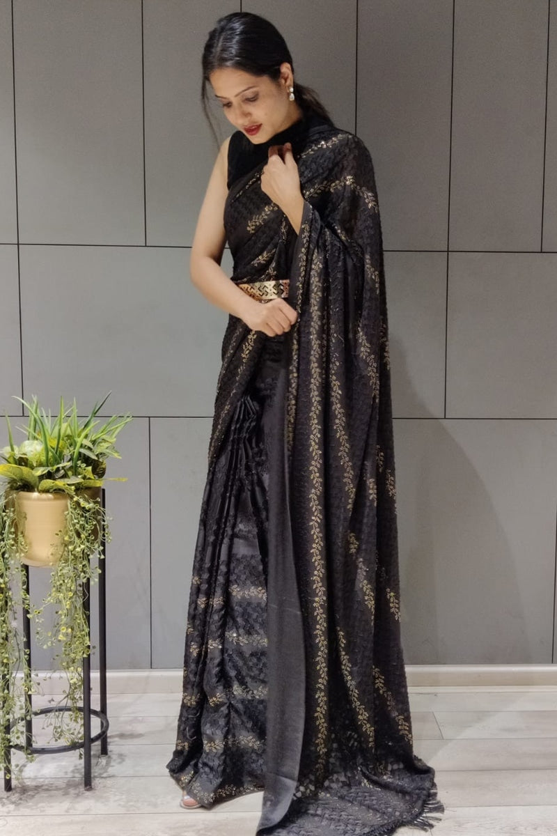 Black Georgette Brasso Swaroski Work Ready To Wear Saree With Metal Belt