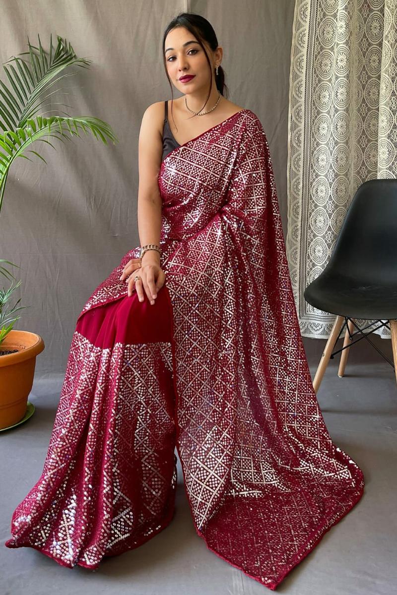 Red Heavy Soft Georgette Sequance Party Wear Saree