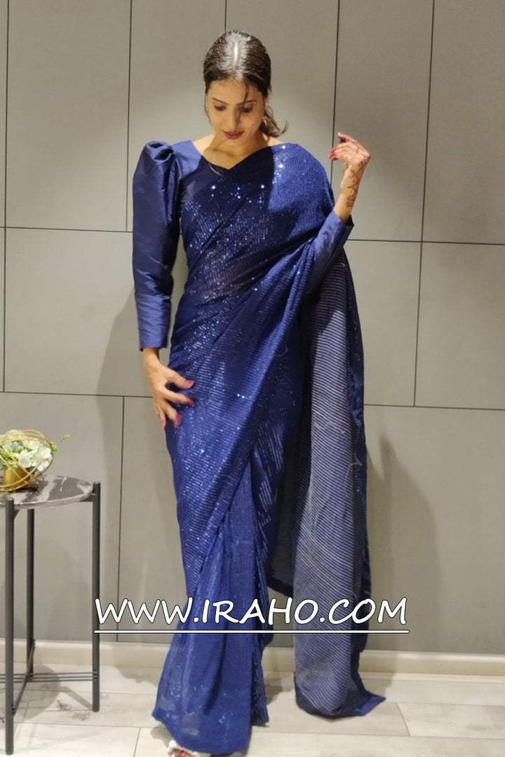 Blue Georgette Sequence Ready To Wear Saree
