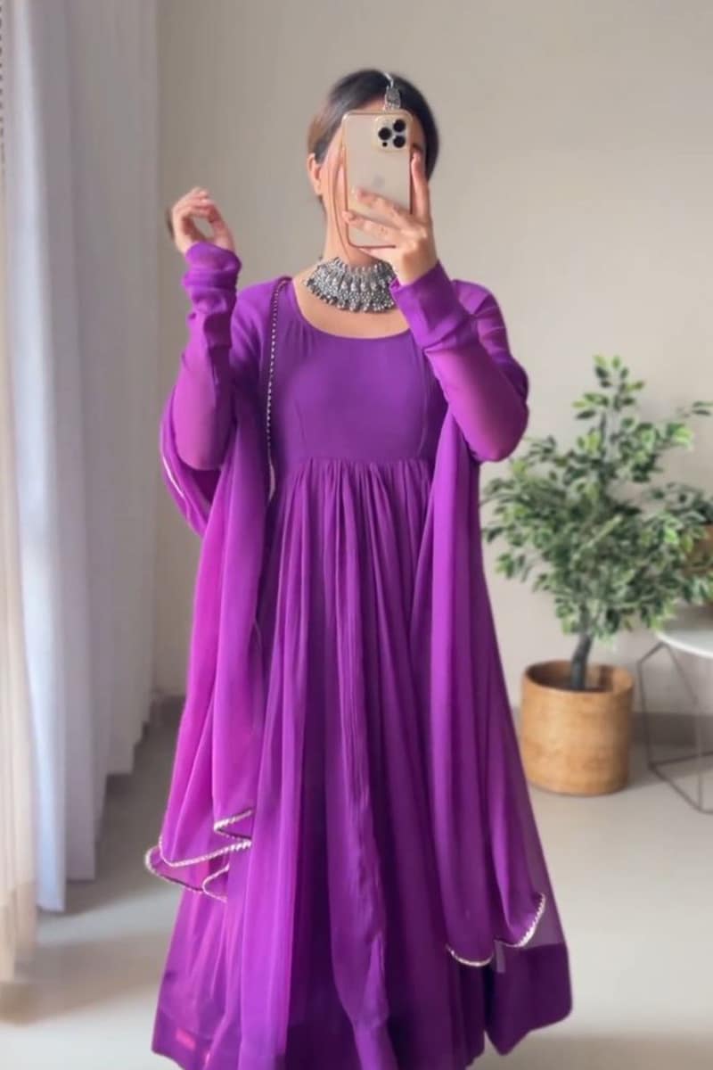 Purple Georgette Anarkali With Pant And Dupatta