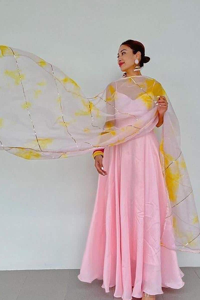 Pink Anarkali Suit with Organza Dupatta