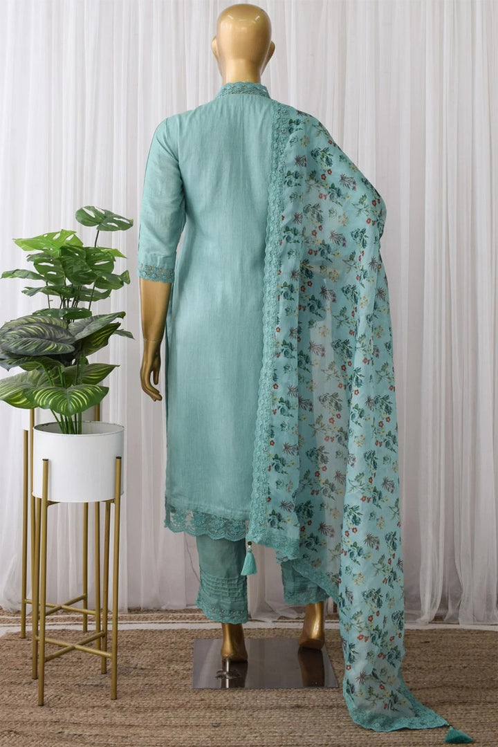 Pista Green Soft Cotton Silk Kurti Pant With Dupatta