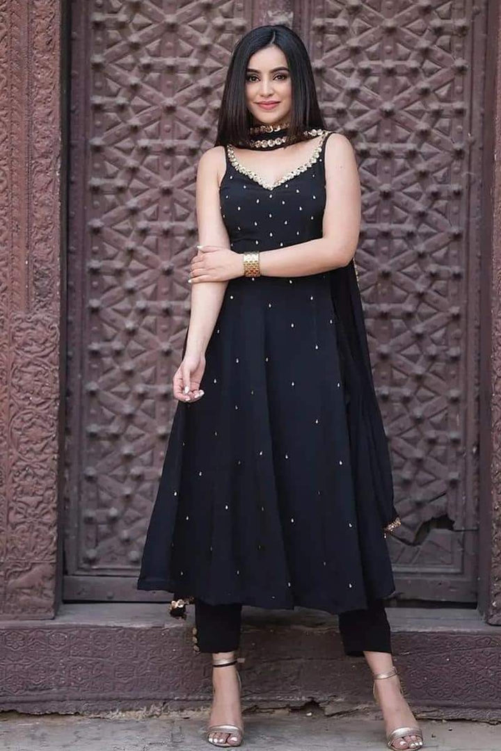 Black Faux Georgette Pearl Kurti With Pant And Dupatta