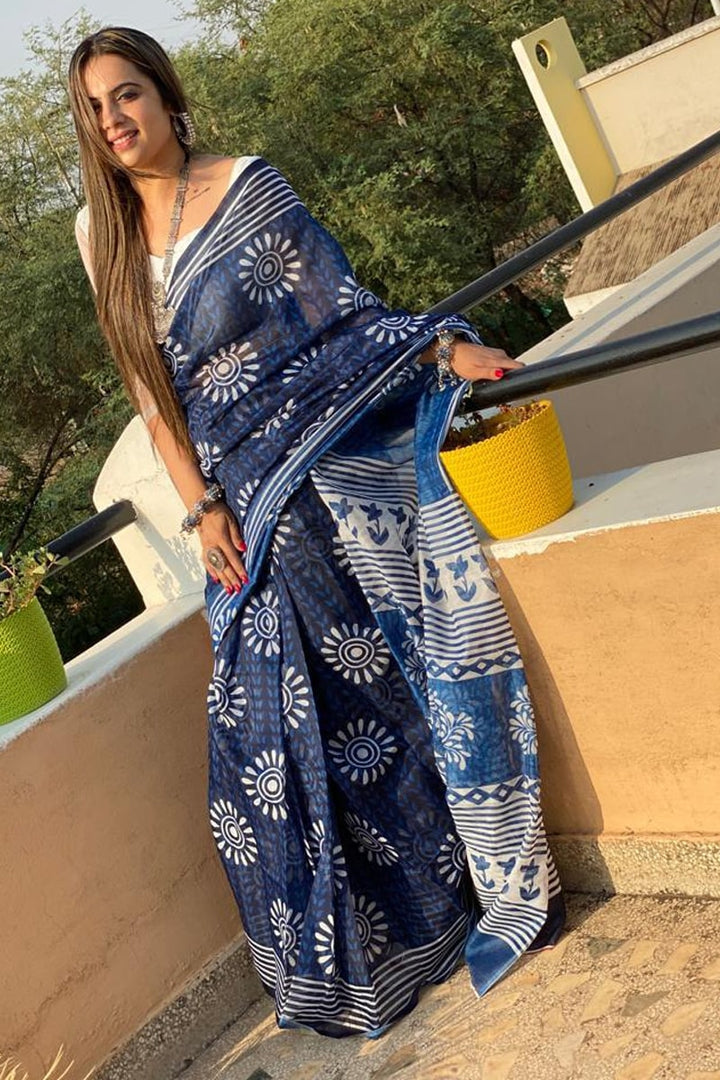 Navy Blue Cotton Ready To Wear Saree