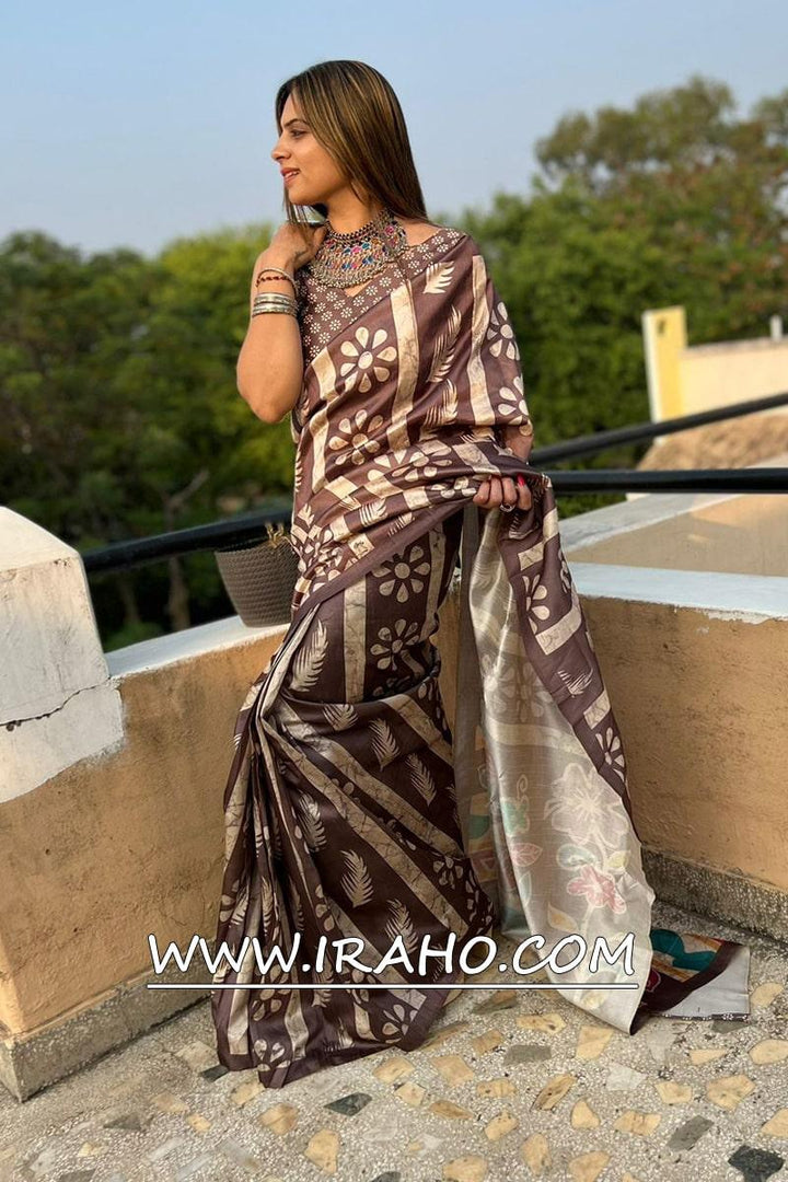 Tusser Silk Brown Ready To Wear Saree