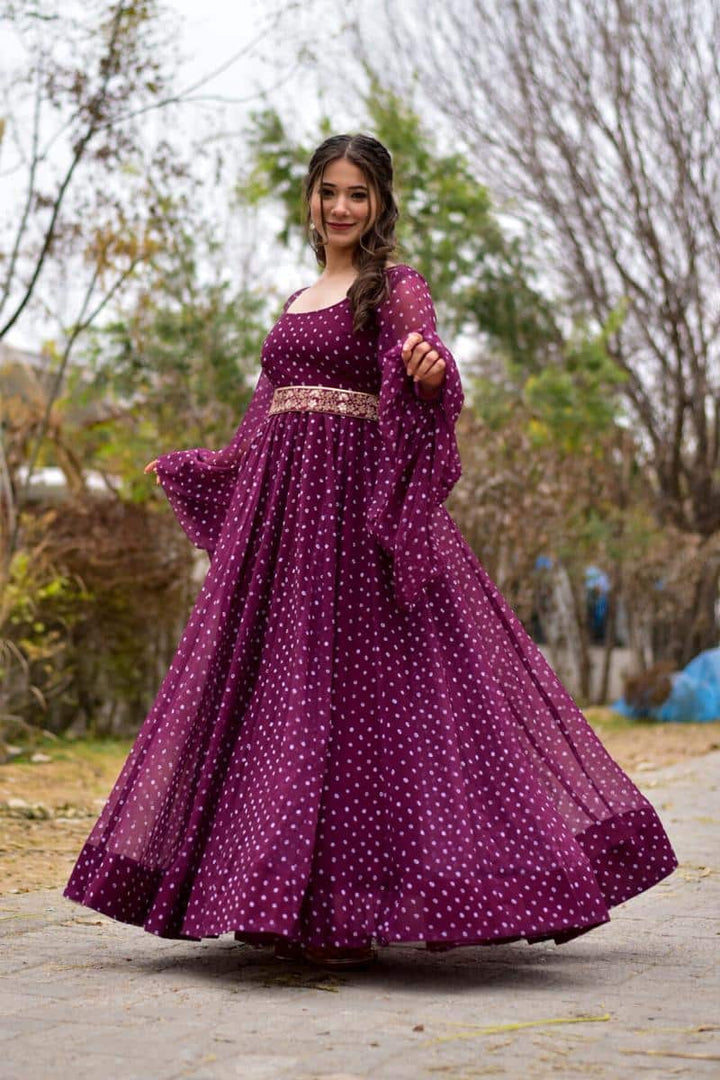 Purple Printed Balloon Sleeve Gown with Belt