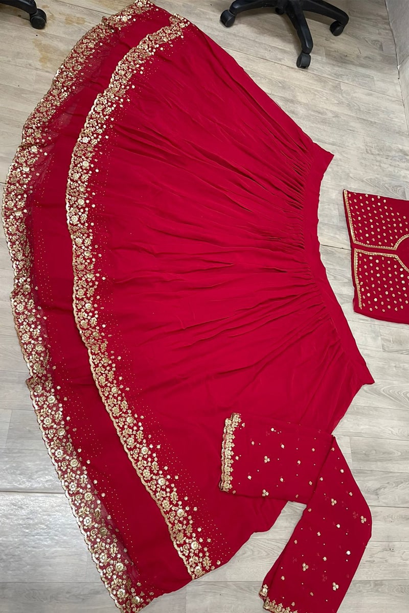 Maroon Double Layer Sequence Embroderied Georgette Lehenga Choli