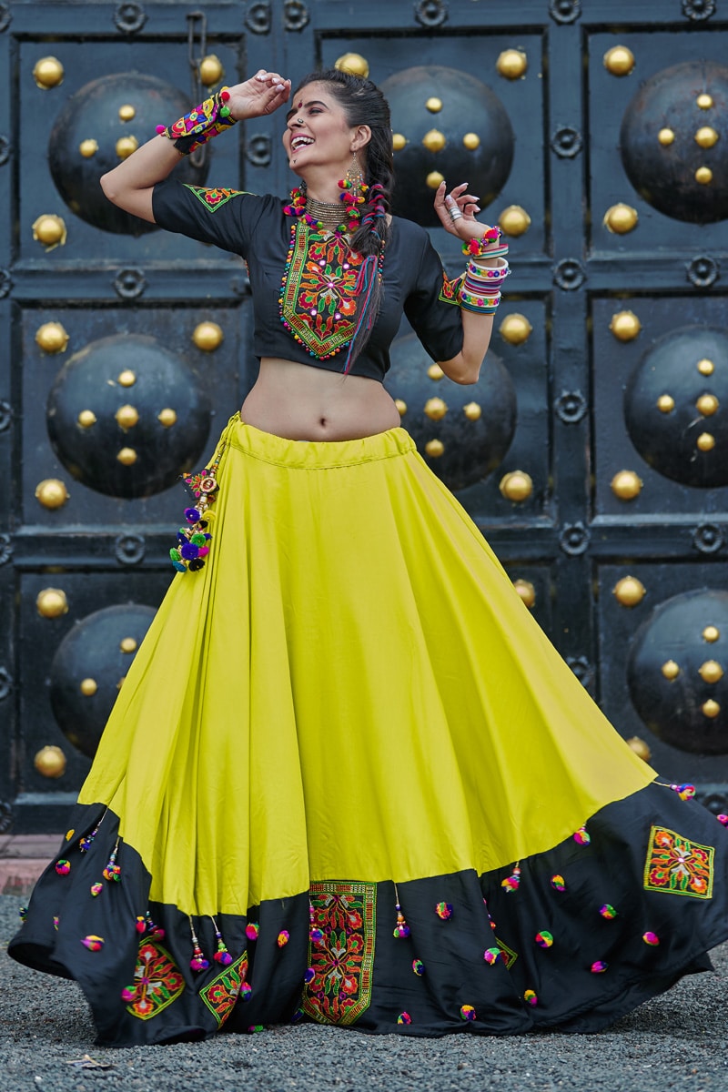 Black Neon Green Soft Cotton Real Mirror Navratri Lehenga Choli