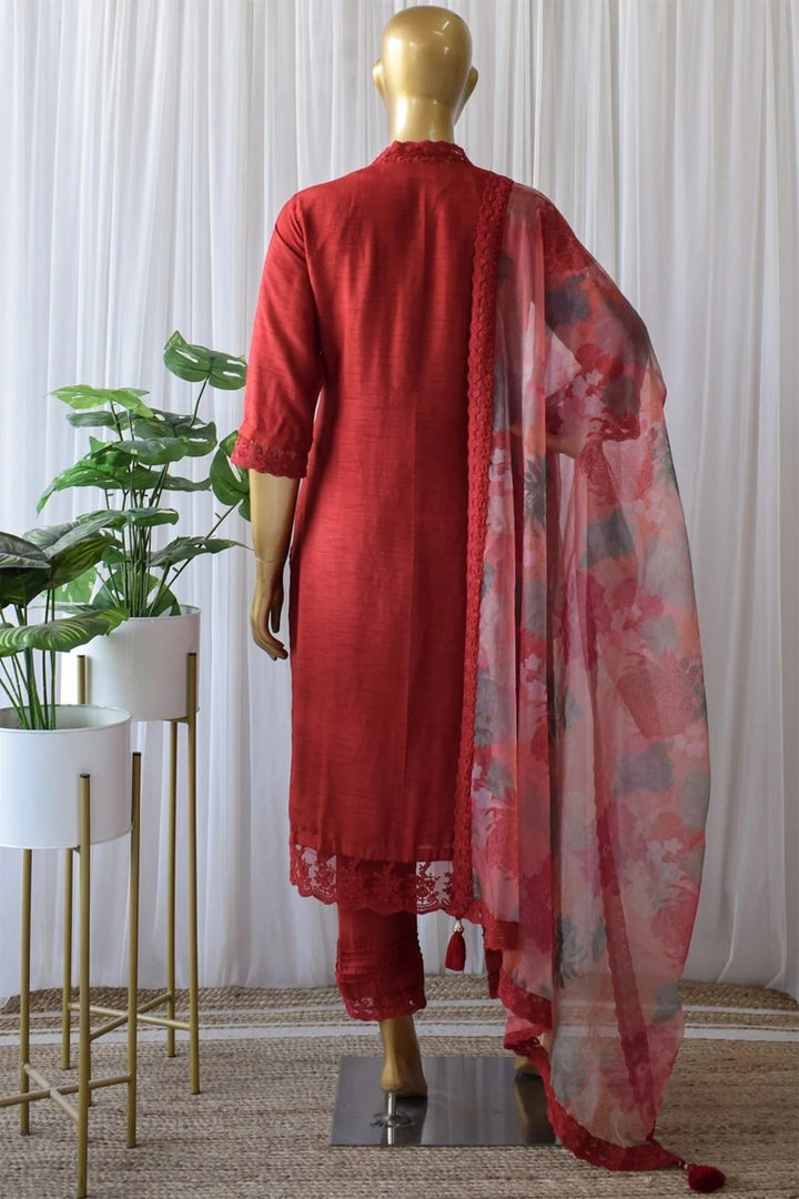 Red Soft Cotton Silk Kurti Pant With Dupatta