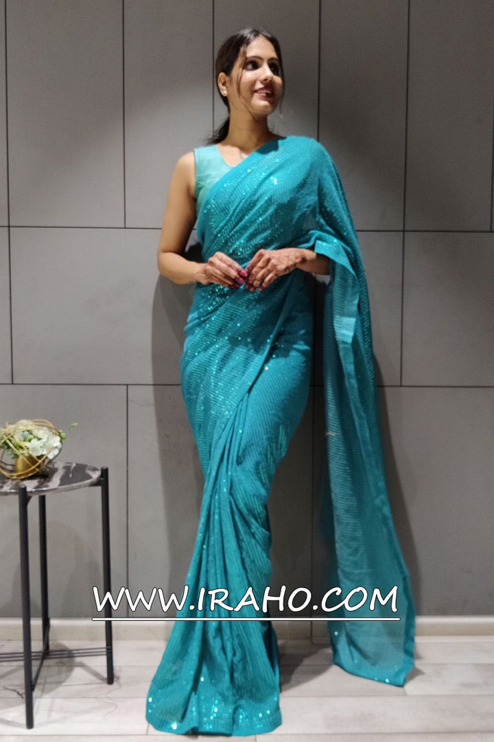 Rama Sky Blue Georgette Sequence Ready To Wear Saree