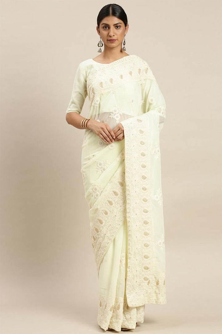 Pista Blooming Georgette Lucknowi Lace Designer Saree