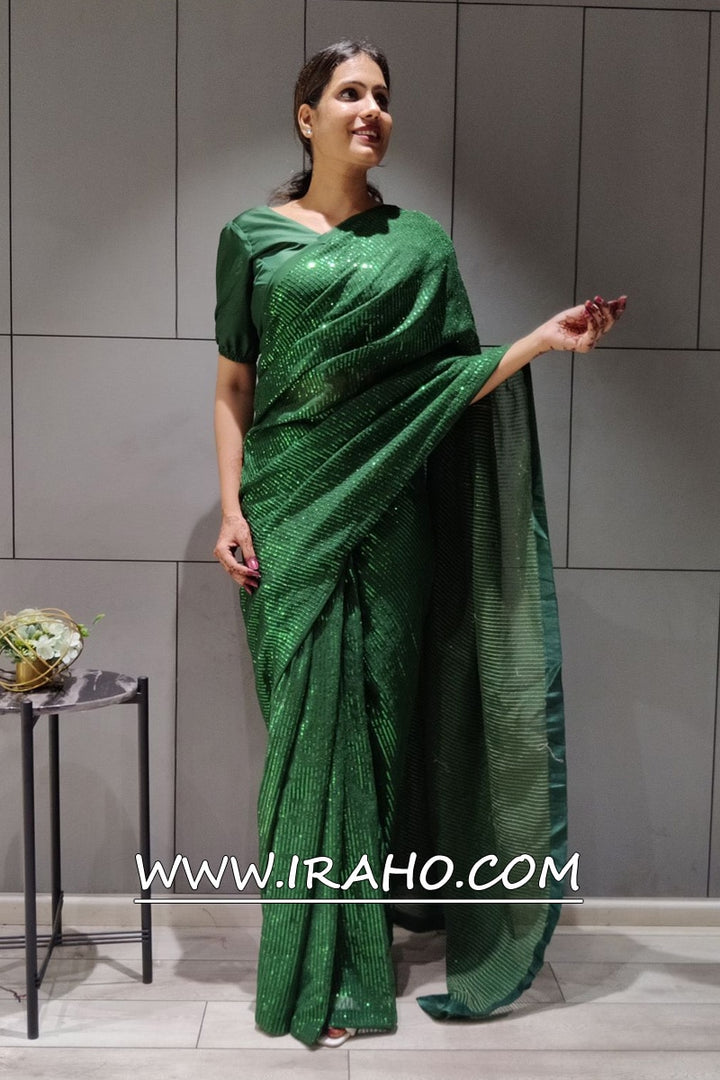 Green Georgette Sequence Ready To Wear Saree