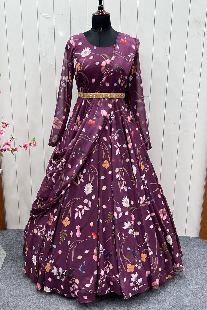 Georgette Floral Print Gown With Belt And Dupatta