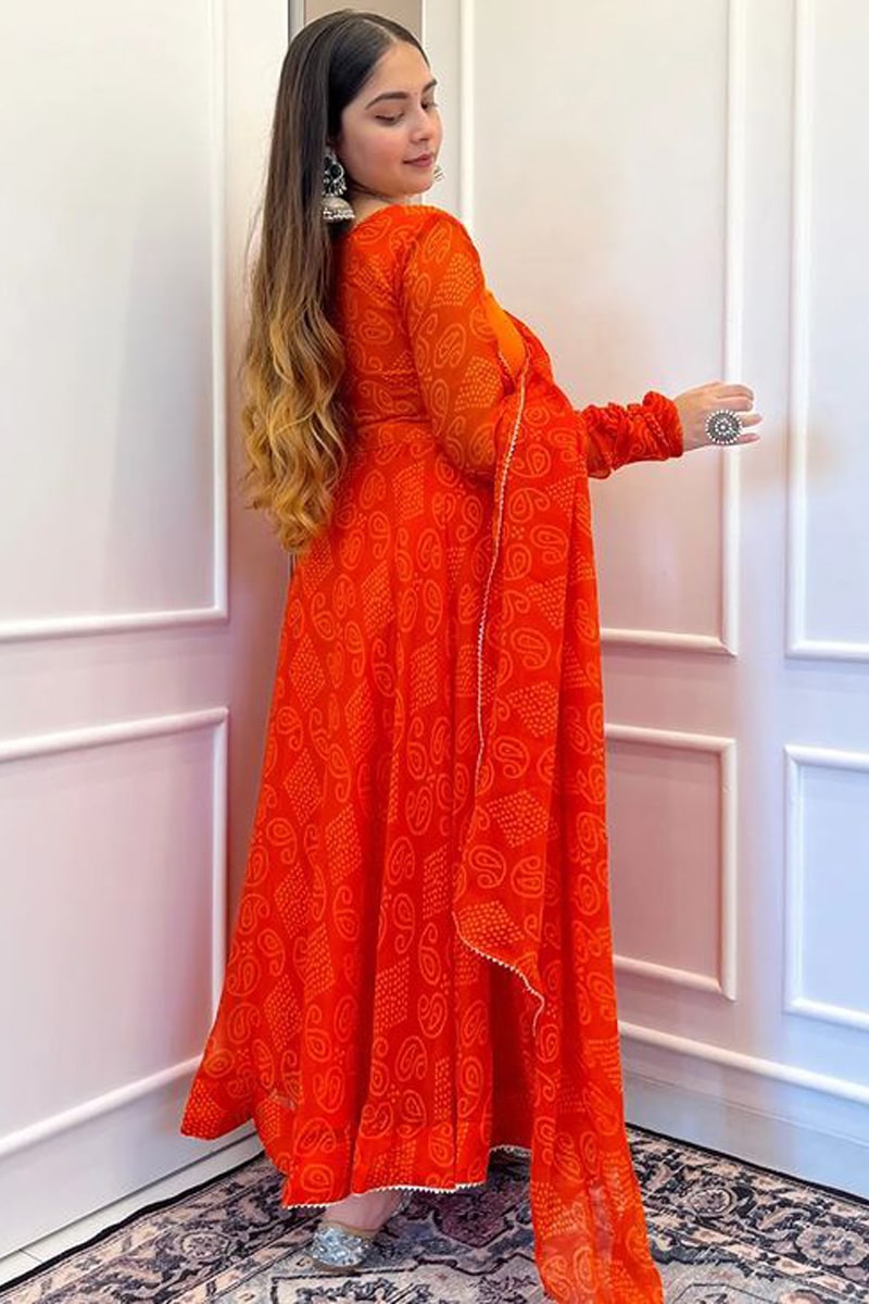 Orange Color Georgette Anarkali With Pant And Dupatta