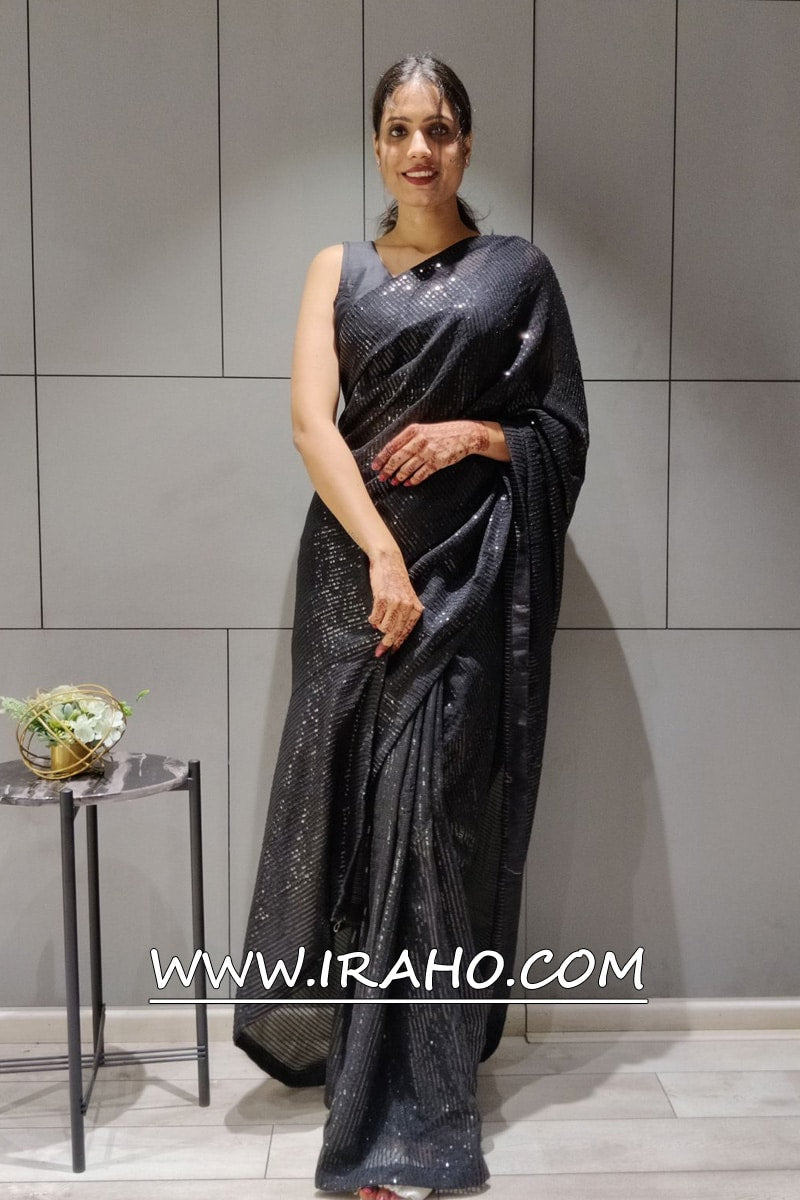 Black Georgette Sequence Ready To Wear Saree