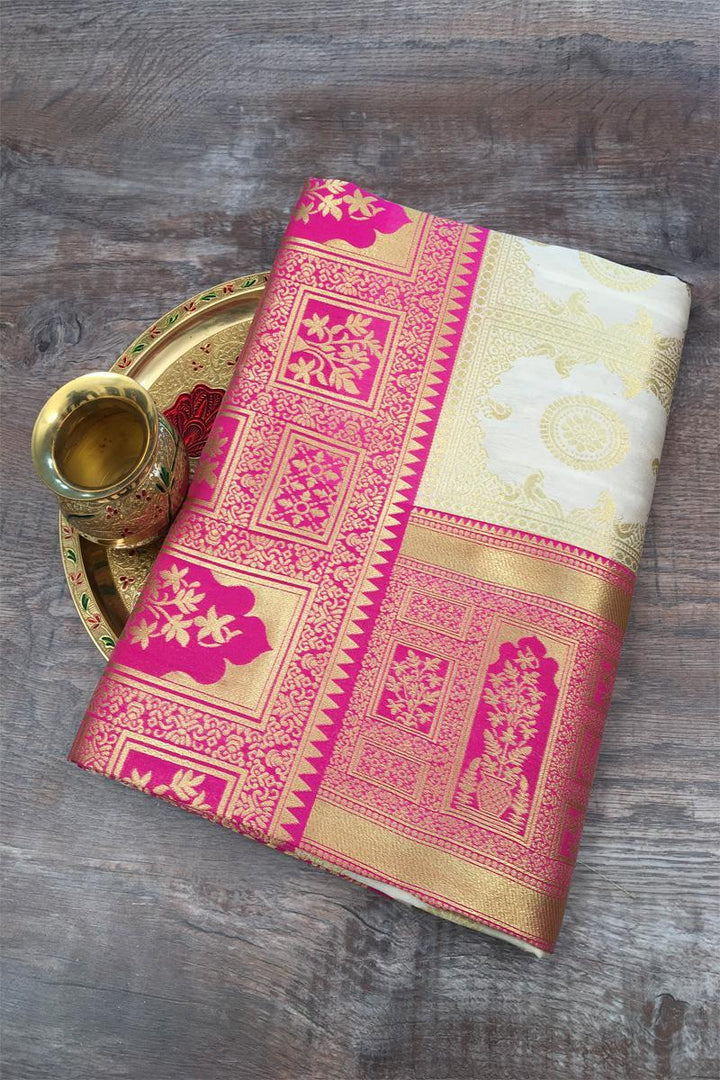 Beautiful Weaving Zari Work Golden Pink Banarasi Silk Saree