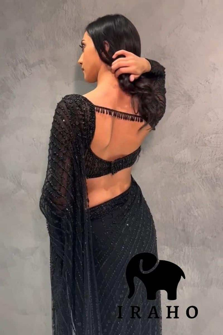 Black Soft Net With Heavy Sequence Saree With Tassels Border