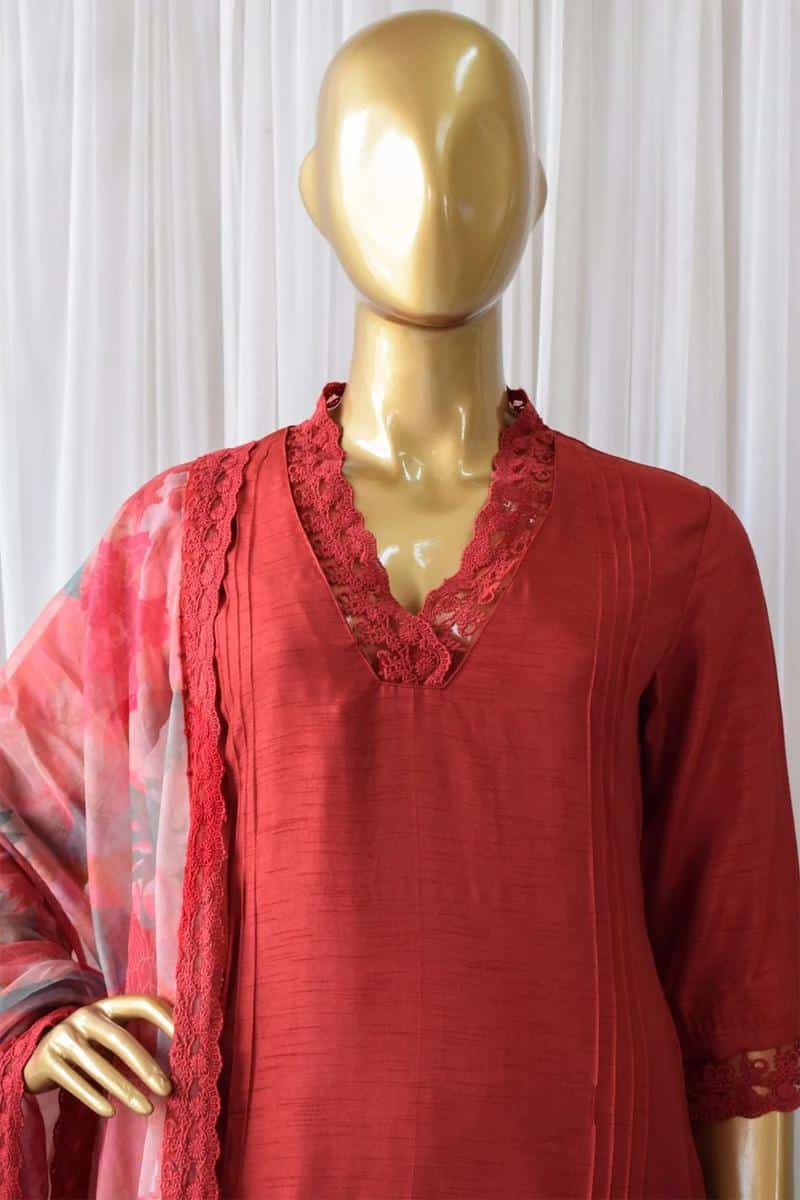 Red Soft Cotton Silk Kurti Pant With Dupatta