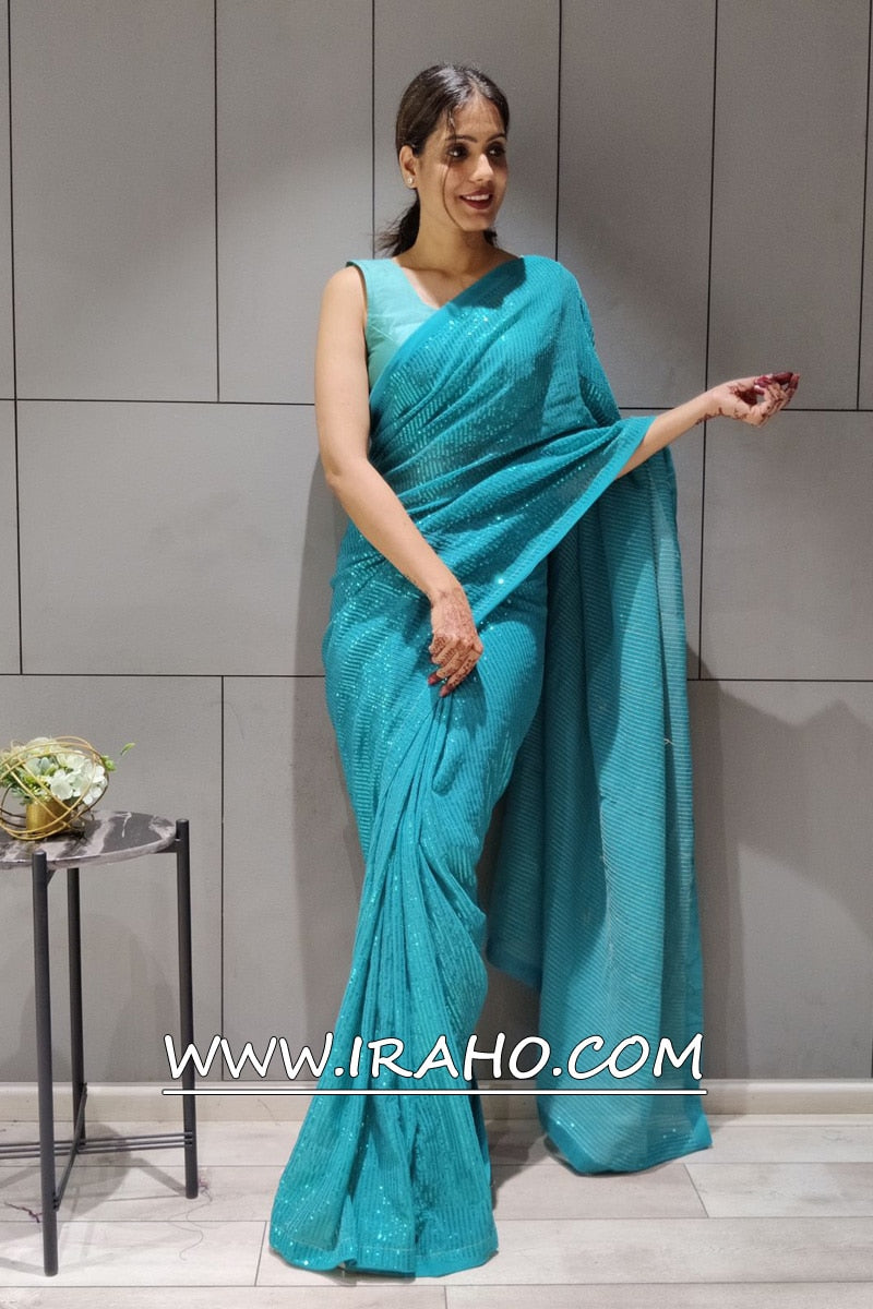 Rama Sky Blue Georgette Sequence Ready To Wear Saree