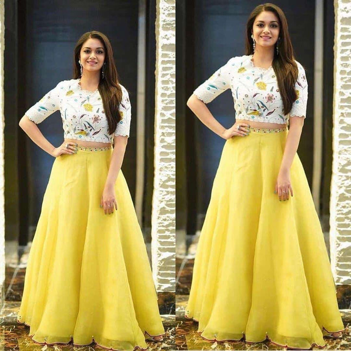 Trendy Lemon Yellow Organza Lehenga