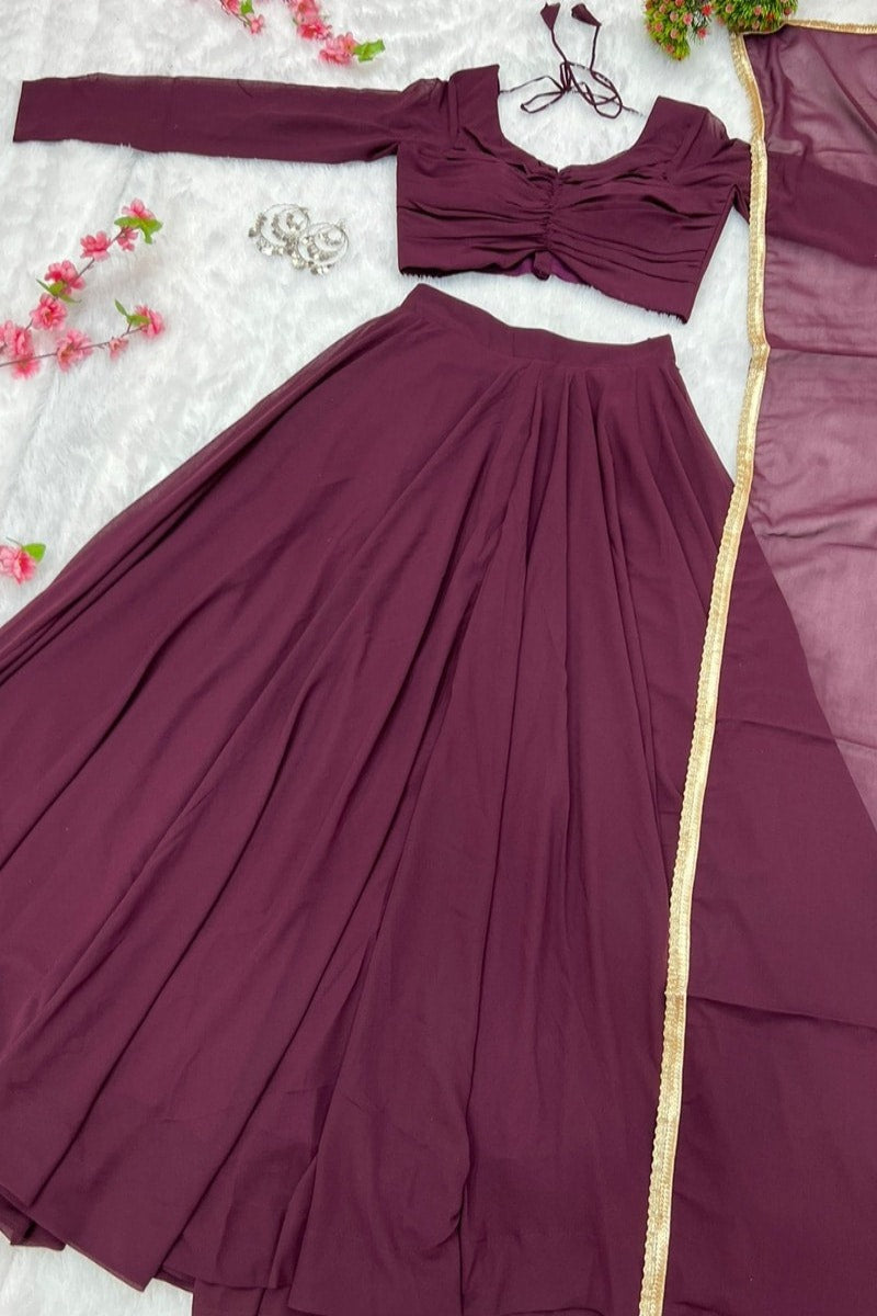 Full Flairy Full Stitched Wine Designer Georgette Lehenga Choli