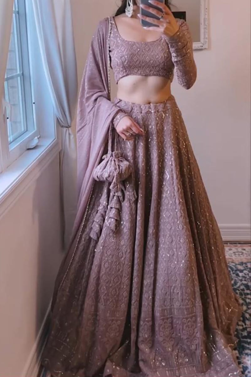 Dusty Chocolate Georgette Lucknowi Work Lehenga Choli