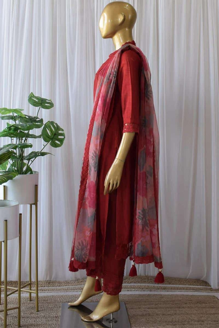 Red Soft Cotton Silk Kurti Pant With Dupatta