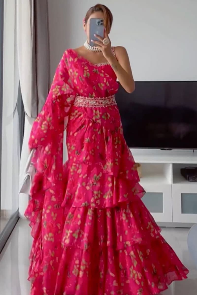 Pink Floral Georgette Ruffle Lehenga Saree With Belt
