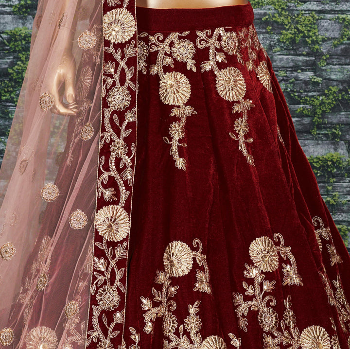 Maroon Silk Velvet Designer Lehenga Choli